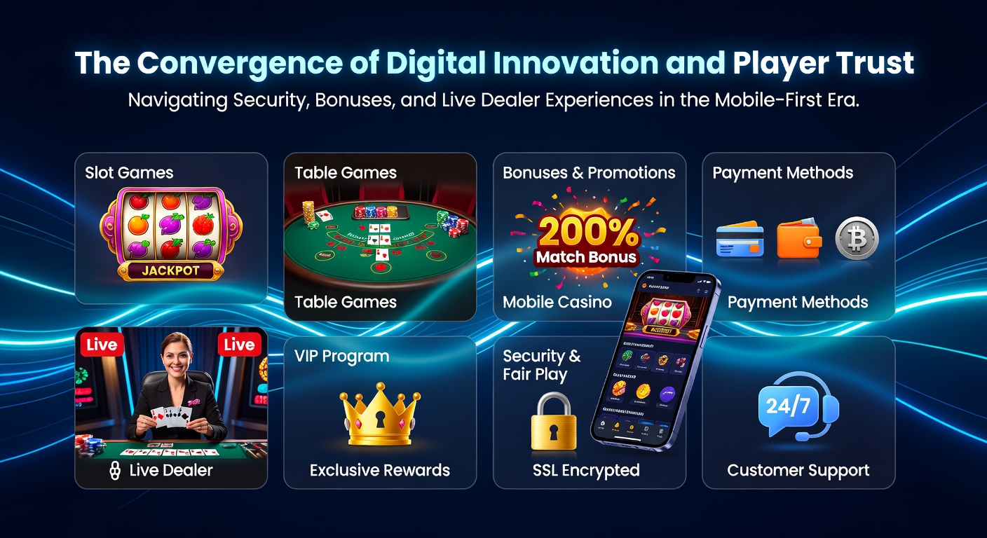 Dynamische Darstellung hybrider Casino-Spiele mit Slots, Live-Dealern und mobilen Elementen in einer futuristischen Spielumgebung