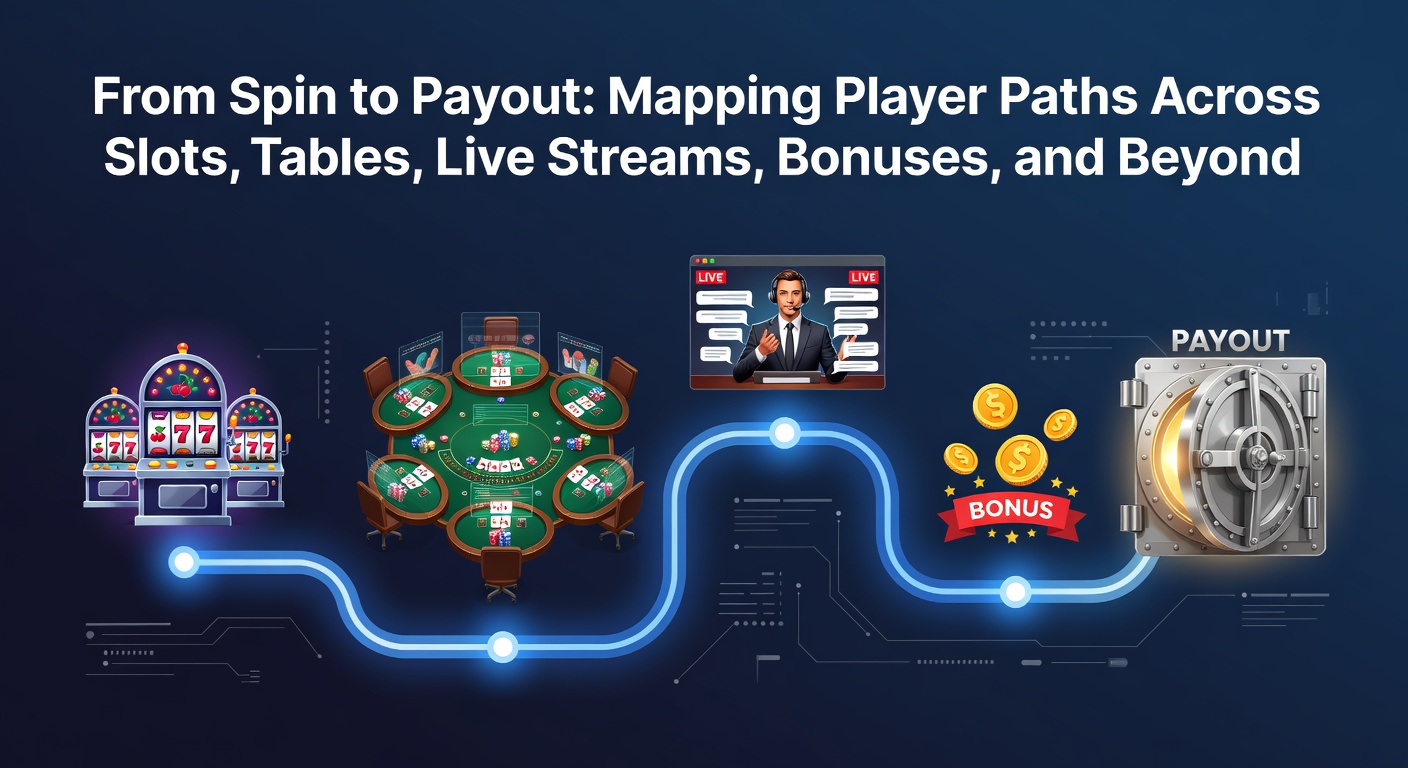 Grafik zeigt typische Spielerpfade von Slots über Live-Tische zu Boni und Auszahlungen in einem Online-Casino