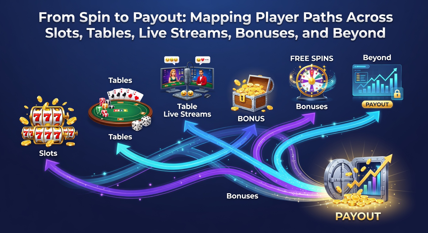 Detaillierte Infografik mit Spielerpfaden, die Slots, Live-Streams, Boni und Auszahlungs-Schritte verbinden