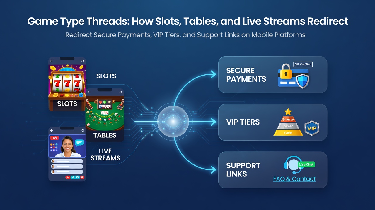 Darstellung mobiler Casino-Plattformen mit Slots, Tischen und Live-Streams sowie verknüpften Zahlungs- und Support-Systemen