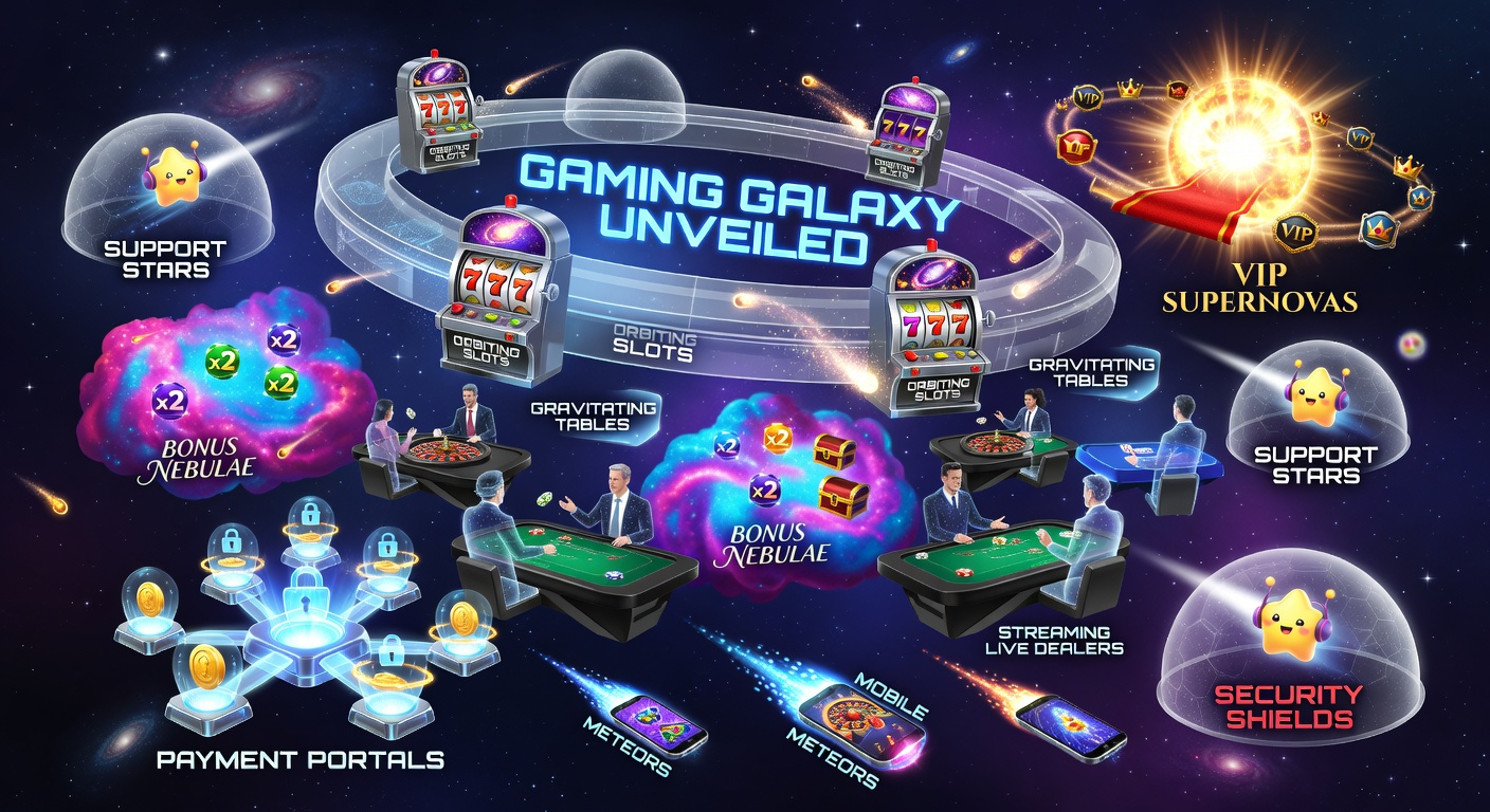 Kosmisches Casino-Universum mit wirbelnden Slots und leuchtenden Sternen, das die Vielfalt moderner Online-Gaming-Plattformen symbolisiert
