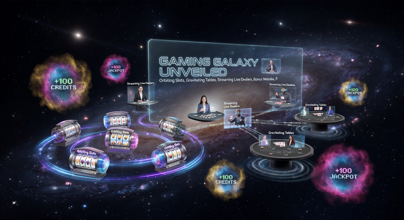 Detaillierte Darstellung eines Streaming-Live-Dealers inmitten eines sternenübersäten Casinos, mit Slots und Tabellen im Hintergrund