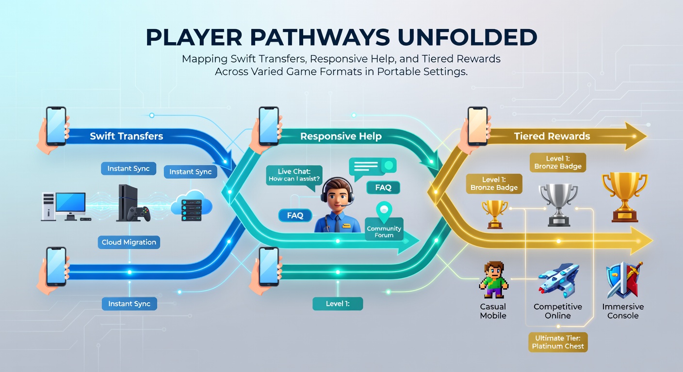 Übersicht über mobile Spielerpfade mit Fokus auf Transfers, Support und Belohnungen in verschiedenen Game-Formaten
