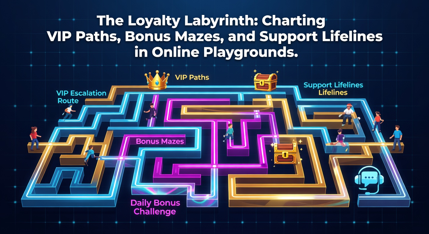 Ein verschlungener Pfad durch ein digitales Labyrinth mit VIP-Treppen, Bonus-Schatzkisten und Support-Leitern in einem leuchtenden Online-Casino-Hintergrund